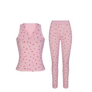 SKIMS Pink Cherry Print Ribbed Tank Top and Leggings